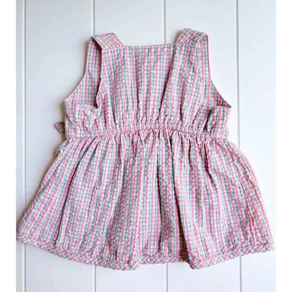 OshKosh B'Gosh 3-6 Months Seersucker Plaid Dress Top Bloomer Set Flower Pink